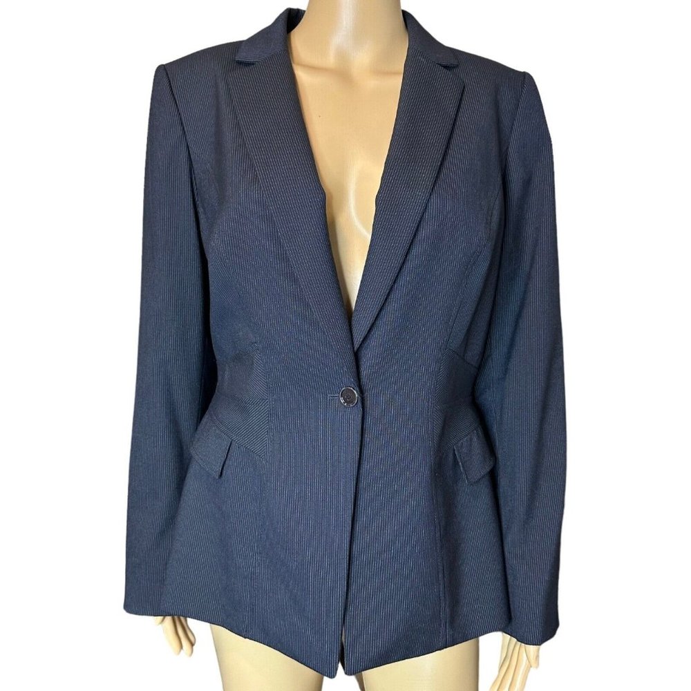 Tahari Womens Striped Blazer Size 10 Black White Collared Lined A Button
